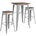 Flash Furniture Square Square Silver Metal Bar Set, 23.5", 26" W, 26" L, 42" H, Wood Top, Wood Grain CH-WD-TBCH-3-GG