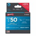 Arrow Fastener Heavy Duty Staples, T50, 18 ga, Flat Crown, 1/4 in Leg L, Steel, 1250 PK 50424