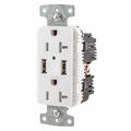 Hubbell USB Charger Receptacle, 20 Amps, 125V AC, Flush Mount, Decorator Duplex Outlet, 5-20R, White USB20A5W