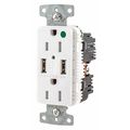 Hubbell USB Charger Receptacle, 15 Amps, 125V AC, Flush Mount, Decorator Duplex Outlet, 5-15R, White USB8200A5W
