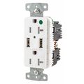 Hubbell USB Charger Receptacle, 20 Amps, 125V AC, Flush Mount, Decorator Duplex Outlet, 5-20R, White USB8300A5W