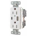 Hubbell USB Charger Receptacle, 15 Amps, 125V AC, Flush Mount, Decorator Duplex Outlet, 5-15R, White USB15AC5W