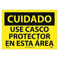 Nmc Caution Hard Hat Area Sign, Spanish, 10 in Height, 14 in Width, Pressure Sensitive Vinyl SPC31PB