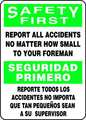 Accuform Spanish-Bilingual Safety First Sign, 14" Height, 10" Width, Plastic, Rectangle, English, Spanish SBMGNF910VP