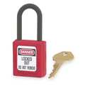 Master Lock Lockout Padlock, Keyed Different, Thermoplastic, 1 1/2 in Shackle, Polypropylene, English, Red 406RED