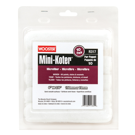WOOSTER 6" Mini Paint Roller Cover, 3/8" Nap, Microfiber, 10 PK R317-6
