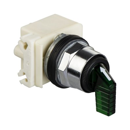 SCHNEIDER ELECTRIC Illuminated selector switch head, Harmony 9001K, metal, long handle, green, 30mm, 2 positions, stay put, LED green, 24-28V 9001K11J35LGFG