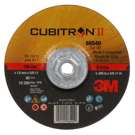 3M CUBITRON Depressed Center Wheels, Type 27, 6 in Dia, 0.045 in Thick, 5/8"-11 Arbor Hole Size, Ceramic Grain 7100245009