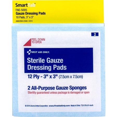 First Aid Only First Aid Kit Refill, 3"X3" Sterile Gauze Pads, 10 Per Bag FAE-5005