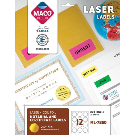 Maco Tag & Label Seal, Foil, Laser, 2.5"Dia, PK300 ML7850