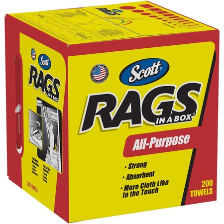 KIMBERLY-CLARK Scott Rags In A Box, Industrial Wipes, White, Pop-Up Box, 200 Shop Towels/Box, 9" x 12" 75260