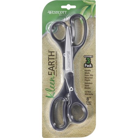 WESTCOTT Scissors, 8" KleenEarth Basic Straight Scissors, Black, 3-Pack 15585