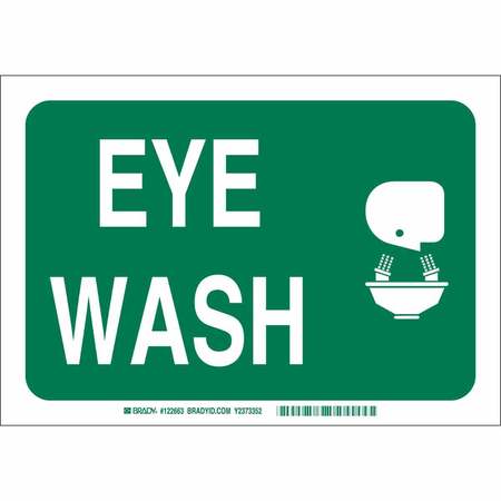 BRADY Sign, Eye Wash, 7X10", Wht/Grn, Sym, Surf, 42744 42744