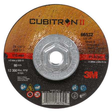 3M CUBITRON Depressed Center Wheels, Type 27, 4 1/2 in Dia, 0.09 in Thick, 5/8"-11 Arbor Hole Size 7100247111