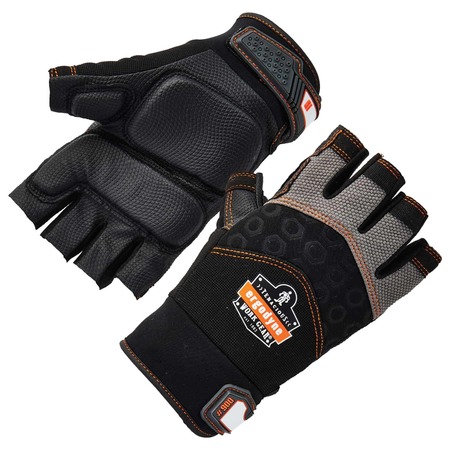 PROFLEX BY ERGODYNE Half Finger Mechanics Impact Gloves, L, Black, Breathable Spandex 900