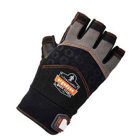 Proflex By Ergodyne Half Finger Mechanics Impact Gloves, L, Black, Breathable Spandex 900