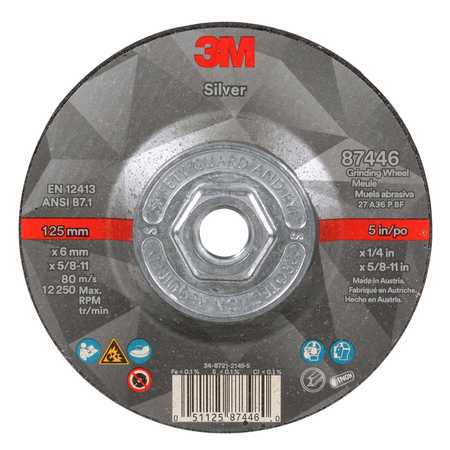 3M Depressed Center Wheels, Type 27, 5 in Dia, 0.25 in Thick, 5/8"-11 Arbor Hole Size, Ceramic Grain 7100245020