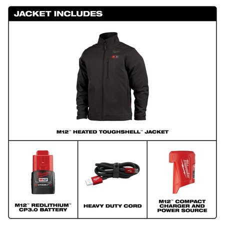 Milwaukee Tool M12 Heated TOUGHSHELL Jacket Kit, Heats Up to 12 hrs, 44 in Max Chest, 4 Outside Pockets, Black, 3XL 204B-213X