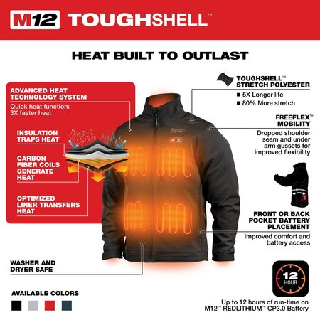 Milwaukee Tool M12 Heated TOUGHSHELL Jacket Kit, Heats Up to 12 hrs, 44 in Max Chest, 4 Outside Pockets, Black, 3XL 204B-213X