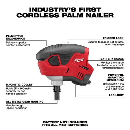 Milwaukee Tool M12 Cordless Palm Nailer 2458-20