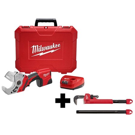 MILWAUKEE TOOL M12™ Plastic Pipe Shear Kit with CHEATER Adaptable Pipe Wrench 2470-21, 48-22-7314