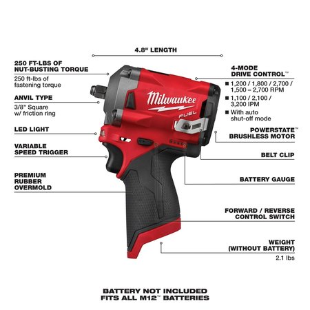 Milwaukee Tool Impact Wrench, Bare Tool, Battery, 12VDC 2554-20, 48-11-2420