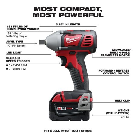 Milwaukee Tool M18 1/2" Impact Wrench Kit w/Pin Detent 2659-22