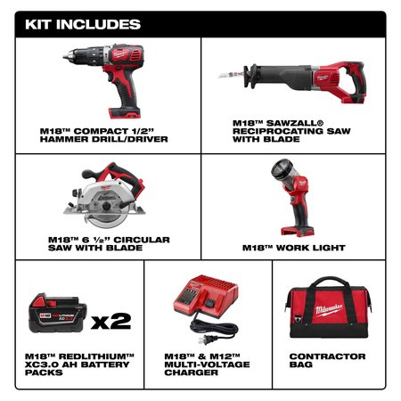 Milwaukee Tool Cordless Combination Kit, 18V, 6 Tools 2696-24, 0880-20, 2663-20