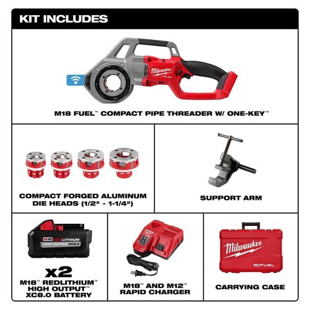 Milwaukee Tool M18 FUEL Compact Pipe Threader with ONE-KEY Kit with 1/2 in. - 1-1/4 in. Compact NPT Forged Aluminum Die Heads 2870-22