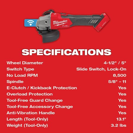 Milwaukee Tool M18 FUEL 4-1/2 in. / 5 in. Braking Grinder with ONE-KEY with Lock-On Slide Switch (Tool Only) 2883-20