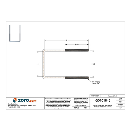 Zoro Select Square U-Bolt, 3/8"-16, 4 in Wd, 7 in Ht, Hot Dipped Galvanized Steel U17264.037.0407