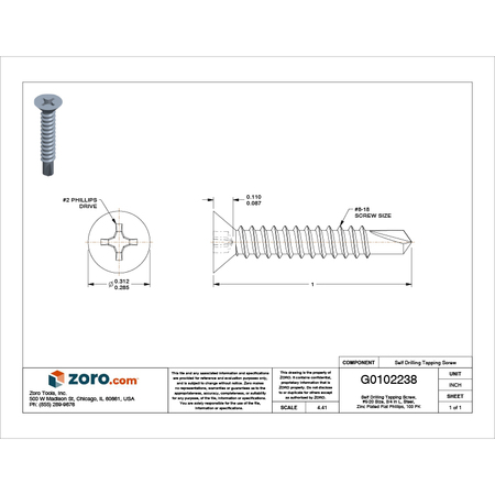 Zoro Select Self-Drilling Screw, #6 x 3/4 in, Zinc Plated Steel Flat Head Phillips Drive, 100 PK U31830.013.0075