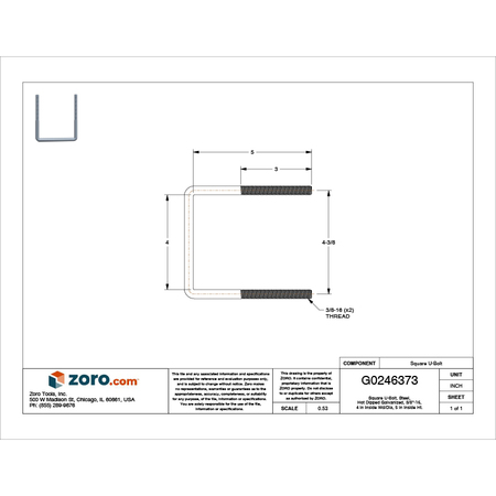 Zoro Select Square U-Bolt, 3/8"-16, 4 in Wd, 5 in Ht, Zinc Plated Steel U17263.037.0405