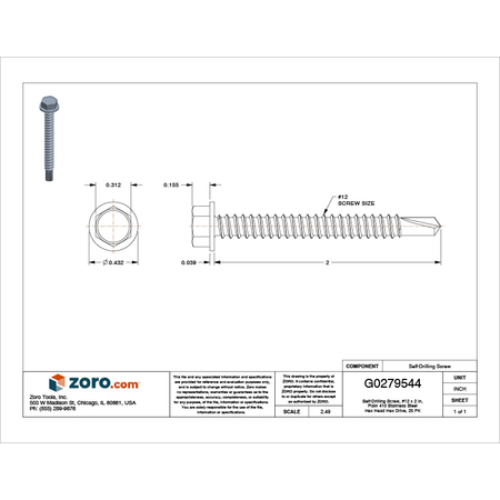 Zoro Select Self-Drilling Screw, #12 x 2 in, Plain 410 Stainless Steel Hex Head Hex Drive, 25 PK U31860.021.0200