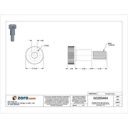 Zoro Select Shoulder Screw, M6-1.00 Thr Sz, 11 mm Thr Lg, 12 mm Shoulder Lg, Alloy Steel, 5 PK M07111.080.0012