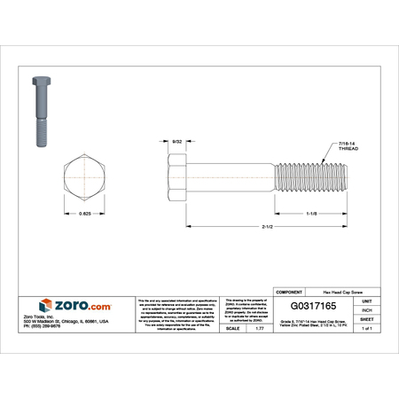 Zoro Select Grade 8, 7/16"-14 Hex Head Cap Screw, Zinc Yellow Steel, 2-1/2 in L, 10 PK N04104.043.0250