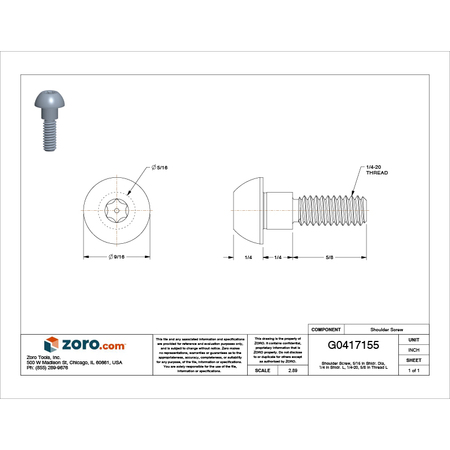 Zoro Select Tamper-Resistant Shoulder Screw, 1/4"-20 Thr Sz, 5/8 in Thr Lg, 1/4 in Shoulder Lg 5MA51