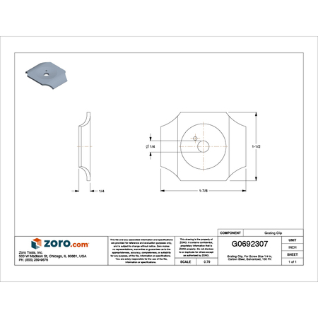 Zoro Select Grating Clip, For Screw Size 1/4 in, Carbon Steel, Galvanized, 100 PK GTW