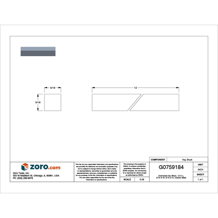 Zoro Select Oversized Key Stock, 12 in L, 5/16 in W, 5/16 in H, Carbon Steel WWG360312031212