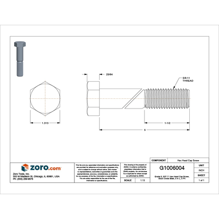 Zoro Select Grade 8, 5/8"-11 Hex Head Cap Screw, Black Oxide Steel, 5 in L, 5 PK N04100.062.0500