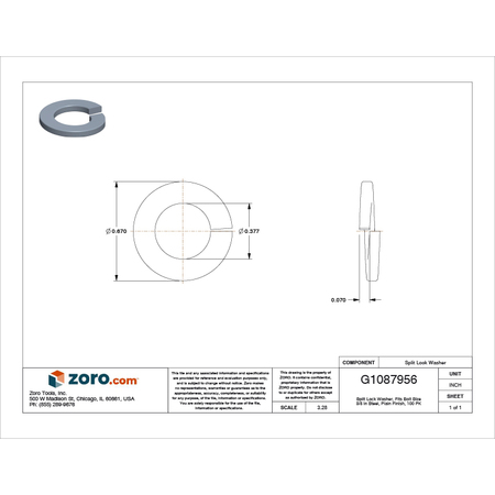 Zoro Select Split Lock Washer, For Screw Size 3/8 in Steel, Plain Finish, 100 PK LWLIS037USA-100BX