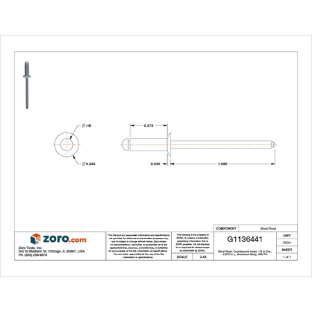 Stanley Engineered Fastening Blind Rivet, Countersunk Head, 1/8 in Dia., 3/8 in L, Aluminum Body, 500 PK AK44ABS201