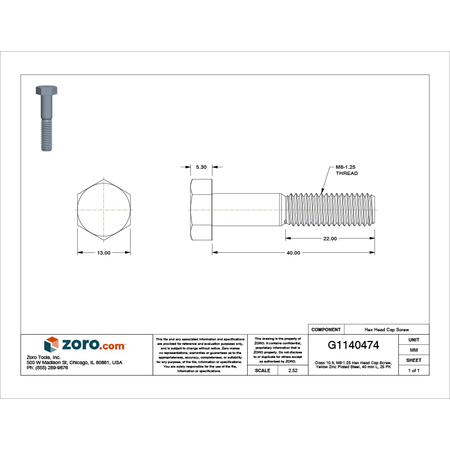 Zoro Select Class 10.9, M8-1.25 Hex Head Cap Screw, Zinc Yellow Steel, 40 mm L, 25 PK HC10080401-025P2