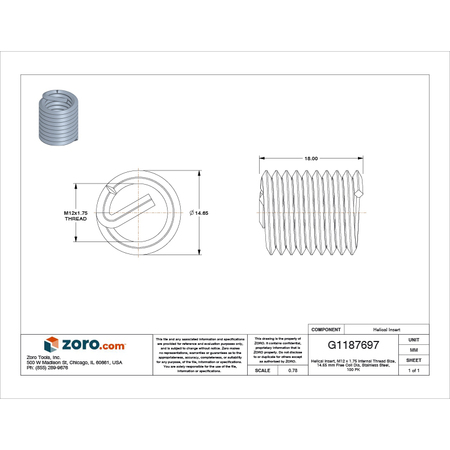 Stanley Engineered Fastening Tanged Helical Insert, Free-Running, M12-1.75 Thrd Sz, 18-8 Stainless Steel, 100 PK A1084-12CN180