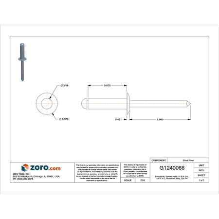 Stanley Engineered Fastening Blind Rivet, Dome Head, 3/16 in Dia., 43/64 in L, Aluminum Body, 250 PK AD68ABS200