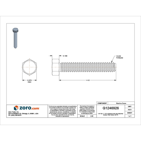 Zoro Select 1/4"-20 x 1-1/2 in Hex Hex Machine Screw, Plain Nylon, 50 PK 012520H150