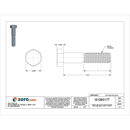Zoro Select Grade 5, 3/8"-16 Hex Head Cap Screw, Zinc Plated Steel, 1-3/4 in L, 100 PK 2CB39