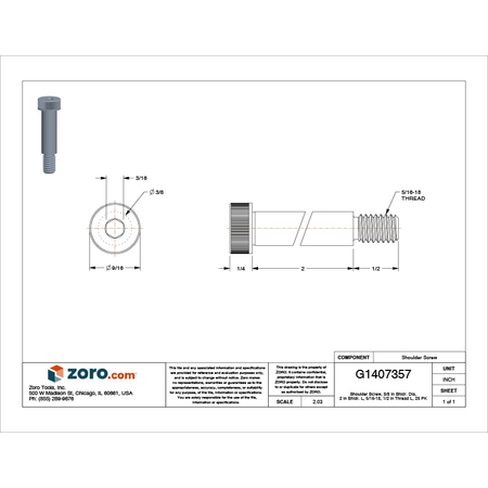 Zoro Select Shoulder Screw, 5/16"-18 Thr Sz, 1/2 in Thr Lg, 2 in Shoulder Lg, Alloy Steel, 25 PK SBIA0370200USA-025BX