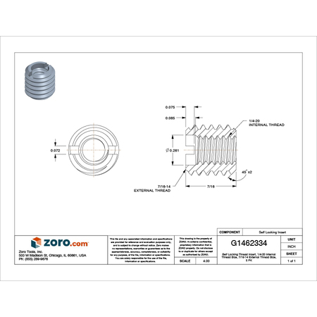 E-Z Lok Heavy Wall Self Locking Thread Insert, 1/4"-20 Int Thrd Sz, 18-8 Stainless Steel, 5 PK 303-4-PK5