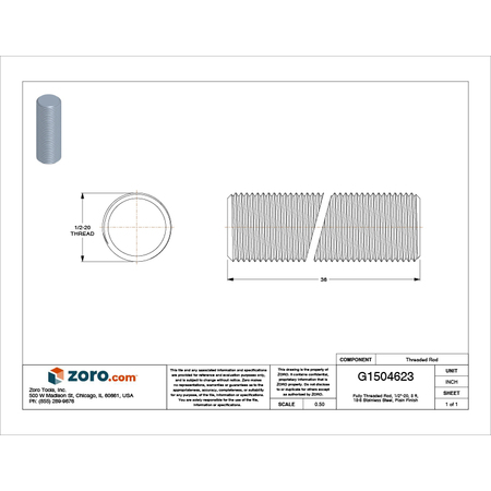 Zoro Select Fully Threaded Rod, 1/2"-20, 3 ft, Stainless Steel, 18-8, Plain Finish 4RDG8